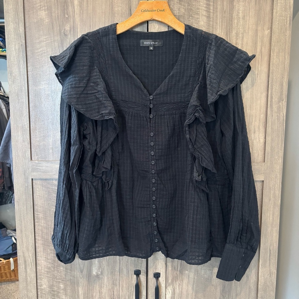State of Play Ruffle Peasant Blouse Top Black long sleeve size 16